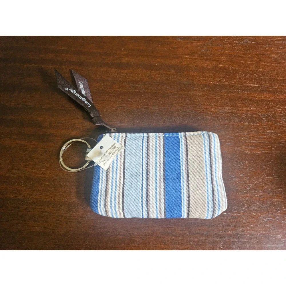 Longaberger Coin Purse Womens OS Blue Cabana Stripe Fabric Keychain NEW